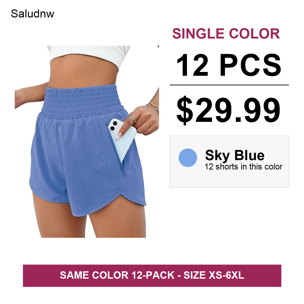 Single-color 12 pcs $29.99 women's athletic shorts - Sky Blue
