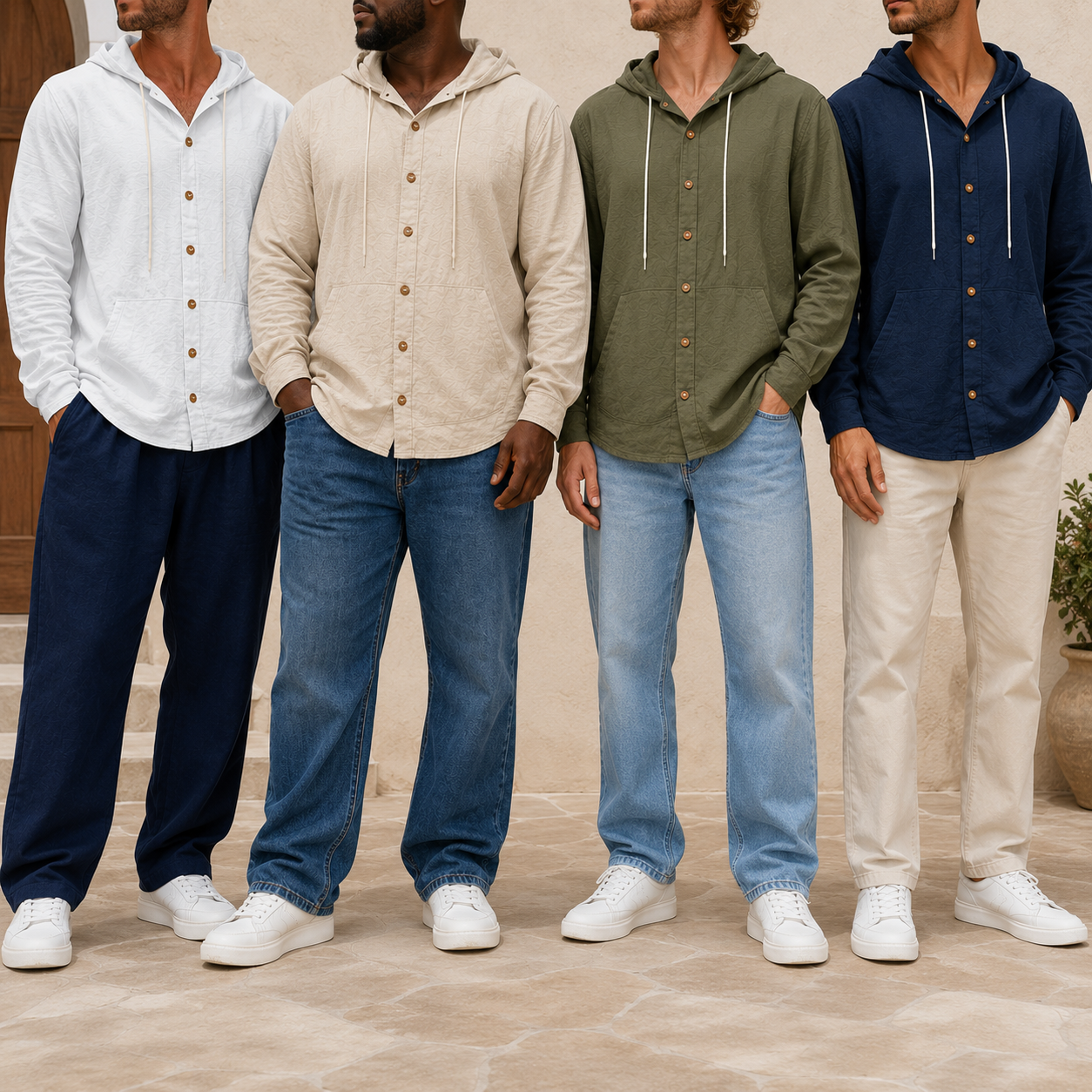 Men's hooded button-up shirt group photo