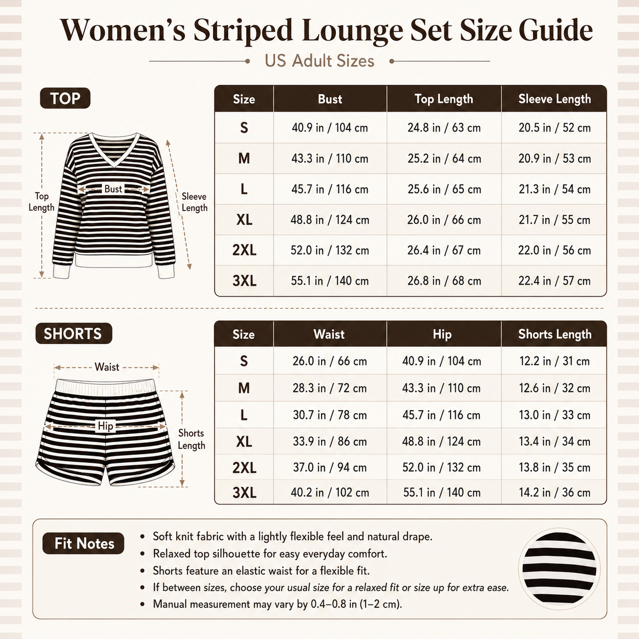 Womens striped lounge set size chart