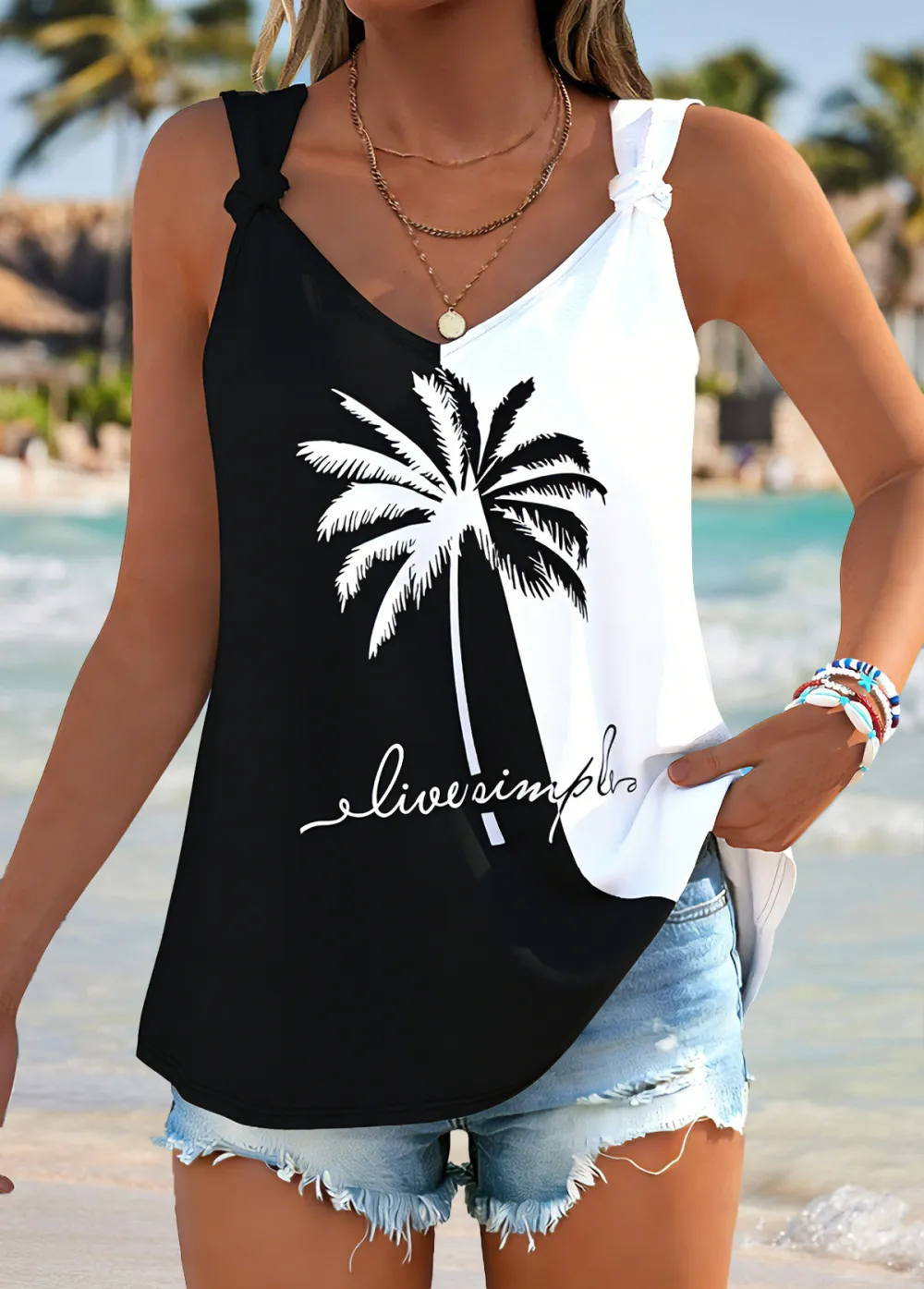 Dusty Blue Tummy Coverage Striped Strappy Tank Top