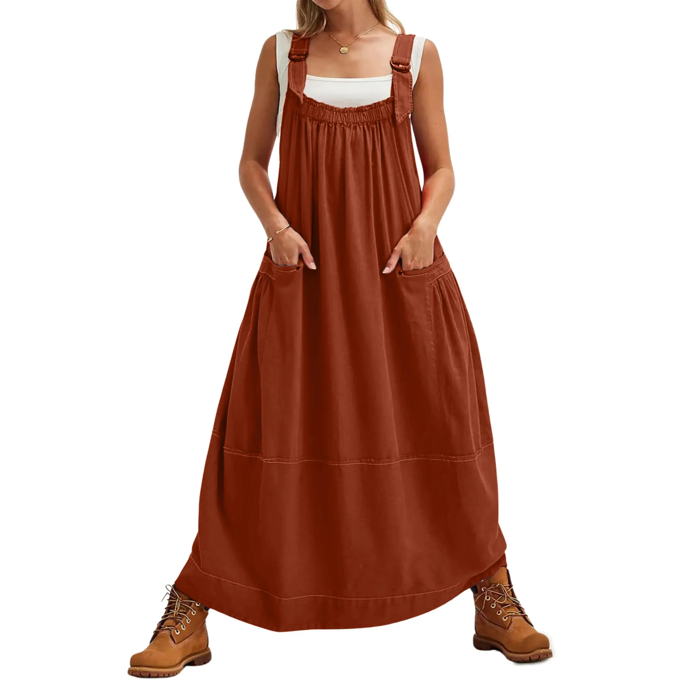 Sleeveless Strappy Maxi Dress with Big Pockets & Adjustable Straps