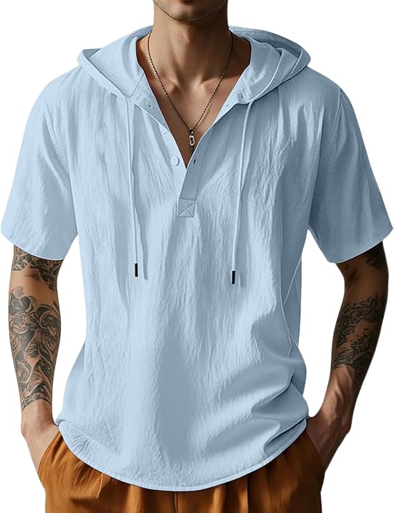 Men's Cotton Linen Shirts Short Sleeve Casual Button Down Hoodies Summer Hawaiian Beach Top with Drawstring