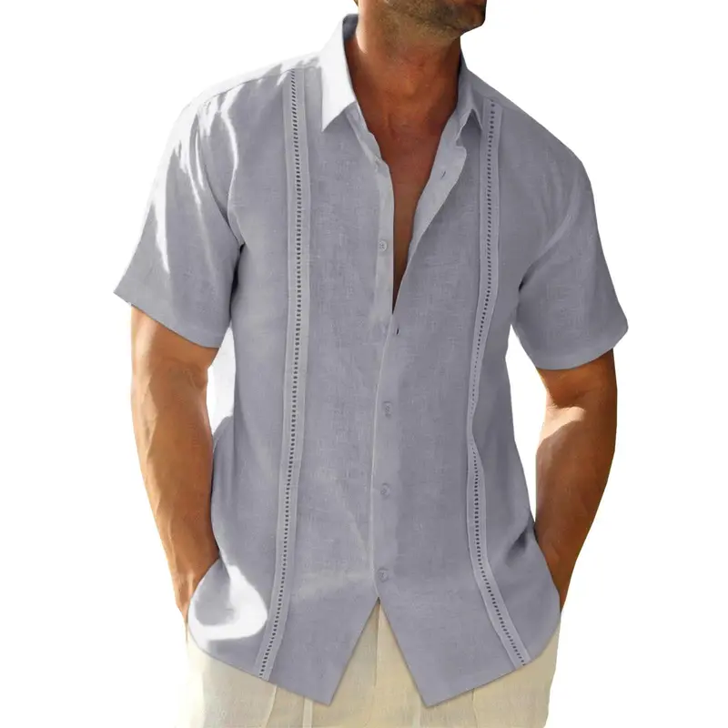 Mens Linen Cuban Guayabera Shirts Button Down Short Sleeve Shirt Cotton Hippie Summer Beach Vacation Shirts Casual Shortsleeve