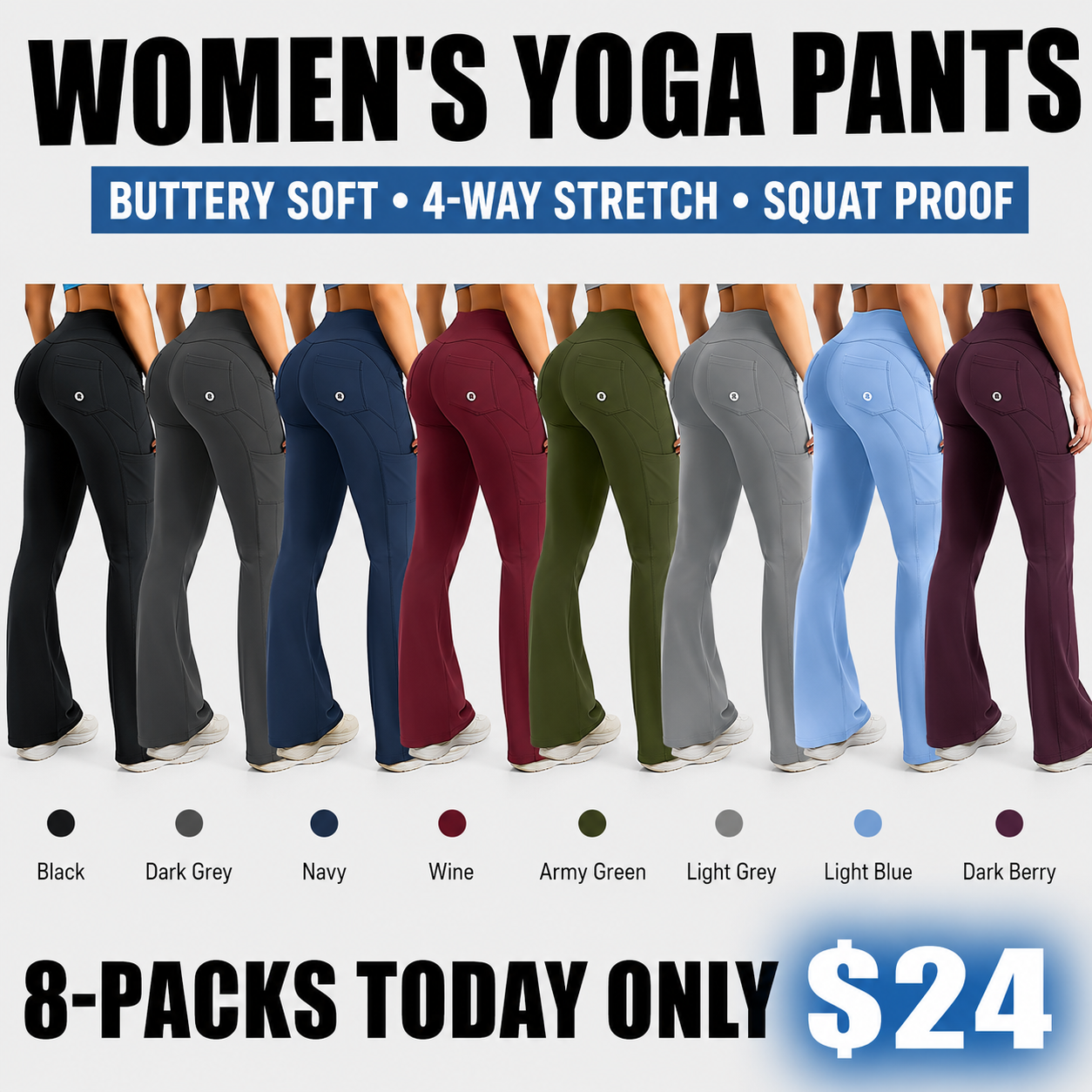 💥 8 Pack Only $24 | Women's Cargo Flare Leggings with Pockets 👖 High Waisted Hidden Scrunch Yoga Workout Pants ✨ No Front Seam Fitness Leggings