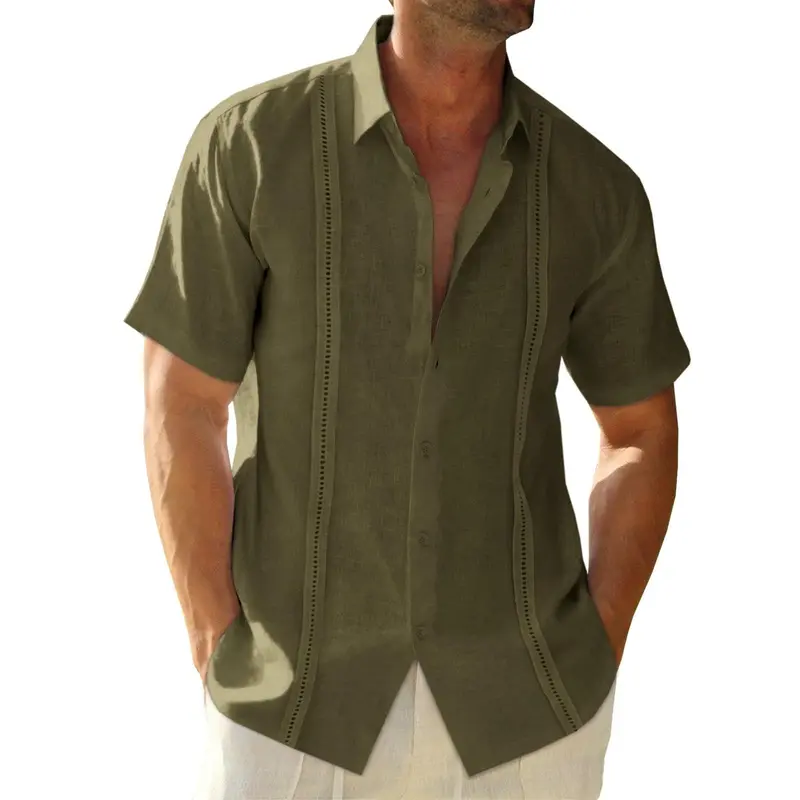 Mens Linen Cuban Guayabera Shirts Button Down Short Sleeve Shirt Cotton Hippie Summer Beach Vacation Shirts Casual Shortsleeve