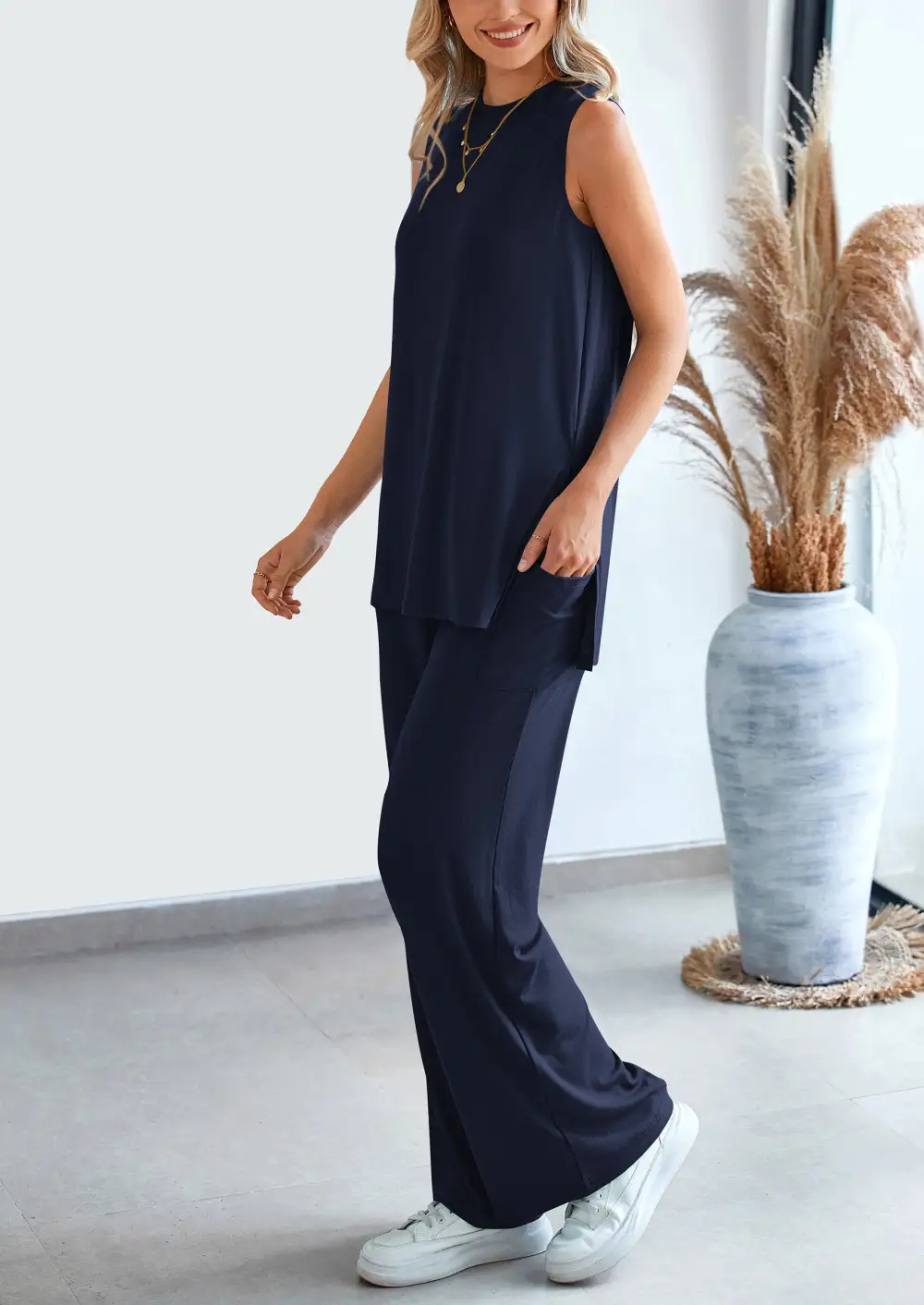 2 Piece Set LooseTank Top Wide Leg Pants CasualMatching Outfits Tracksuit