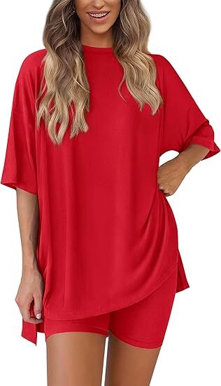 🔥Women's Two Piece Lounge Set 2026 Summer Casual Oversized Shirts Biker Shorts Matching Airport Travel Outfit