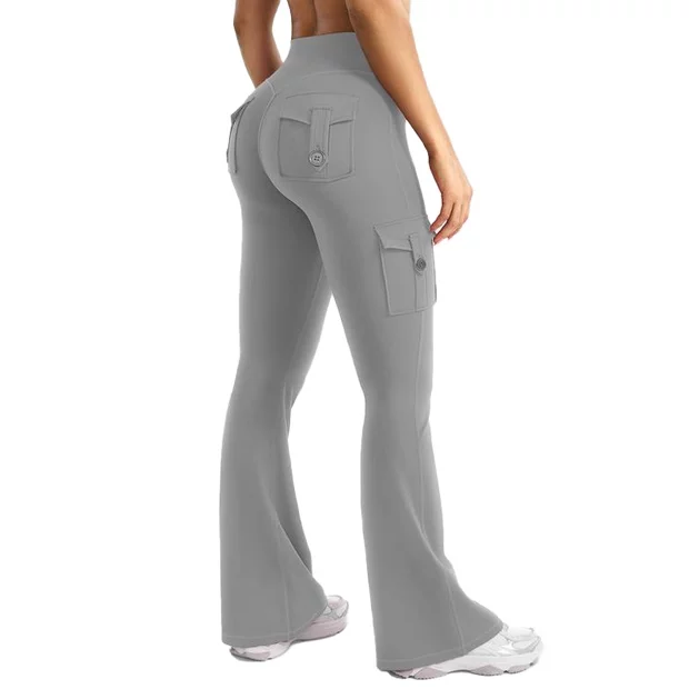 Women's Workout Flare Leggings with Pockets Hidden Scrunch High Waisted Cargo Gym Yoga No Front Seam Leggings Flared Joggers Fitness Outfit Camouflage Sports Pants 75% Nylon 25% Spandex