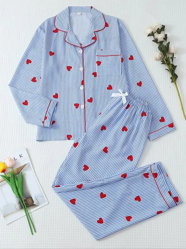 Women's Striped Bow Print LongSleeve Pajama Set, Sweet CuteButton Front Top and Pants