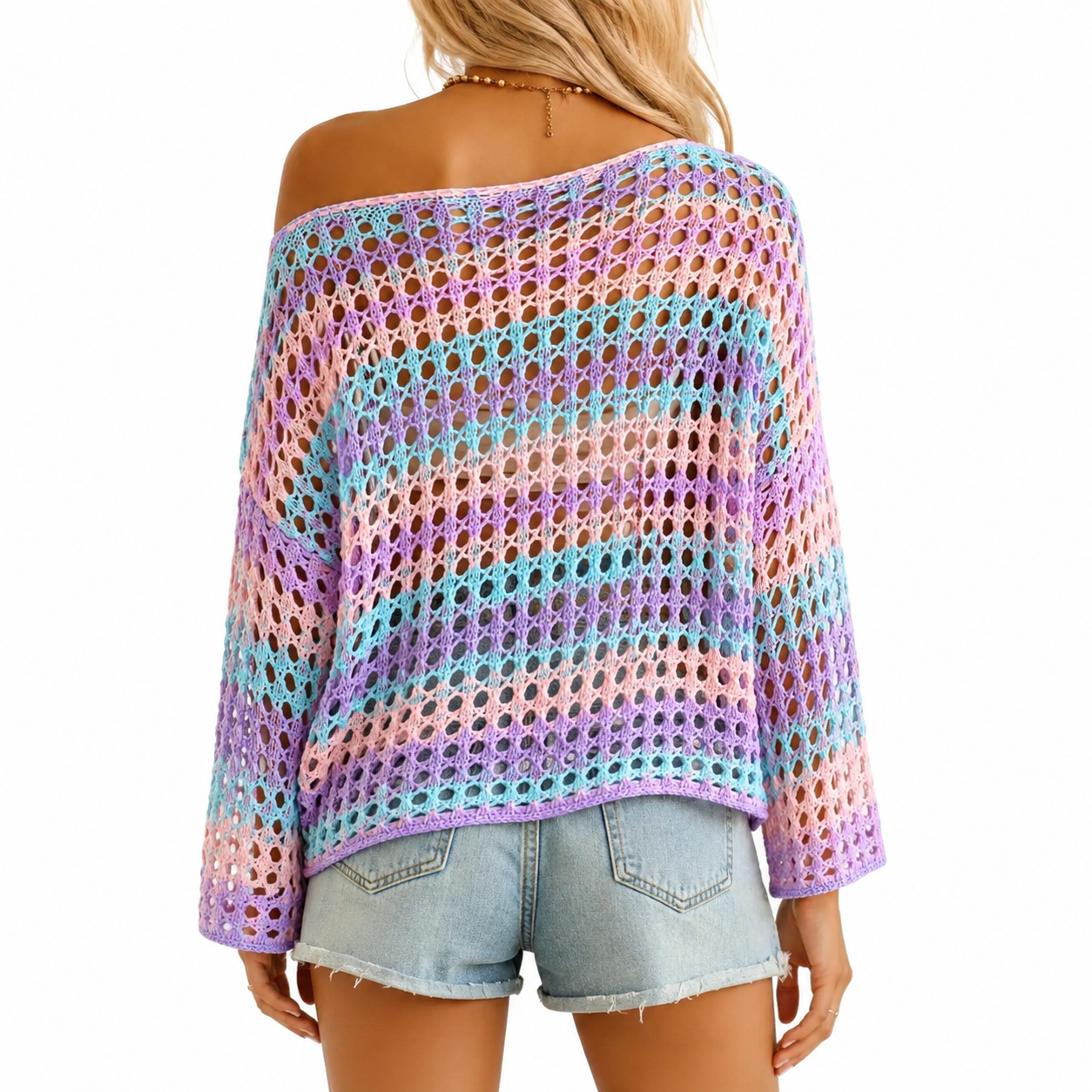 Back view of women's hollow-out striped crochet top