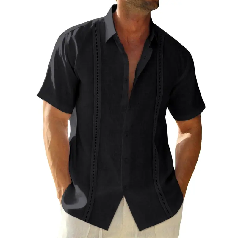 Mens Linen Cuban Guayabera Shirts Button Down Short Sleeve Shirt Cotton Hippie Summer Beach Vacation Shirts Casual Shortsleeve