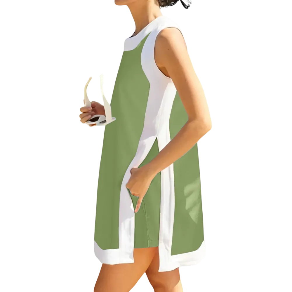 Women's color-blocked crew neck sleeveless pullover with shorts with pockets