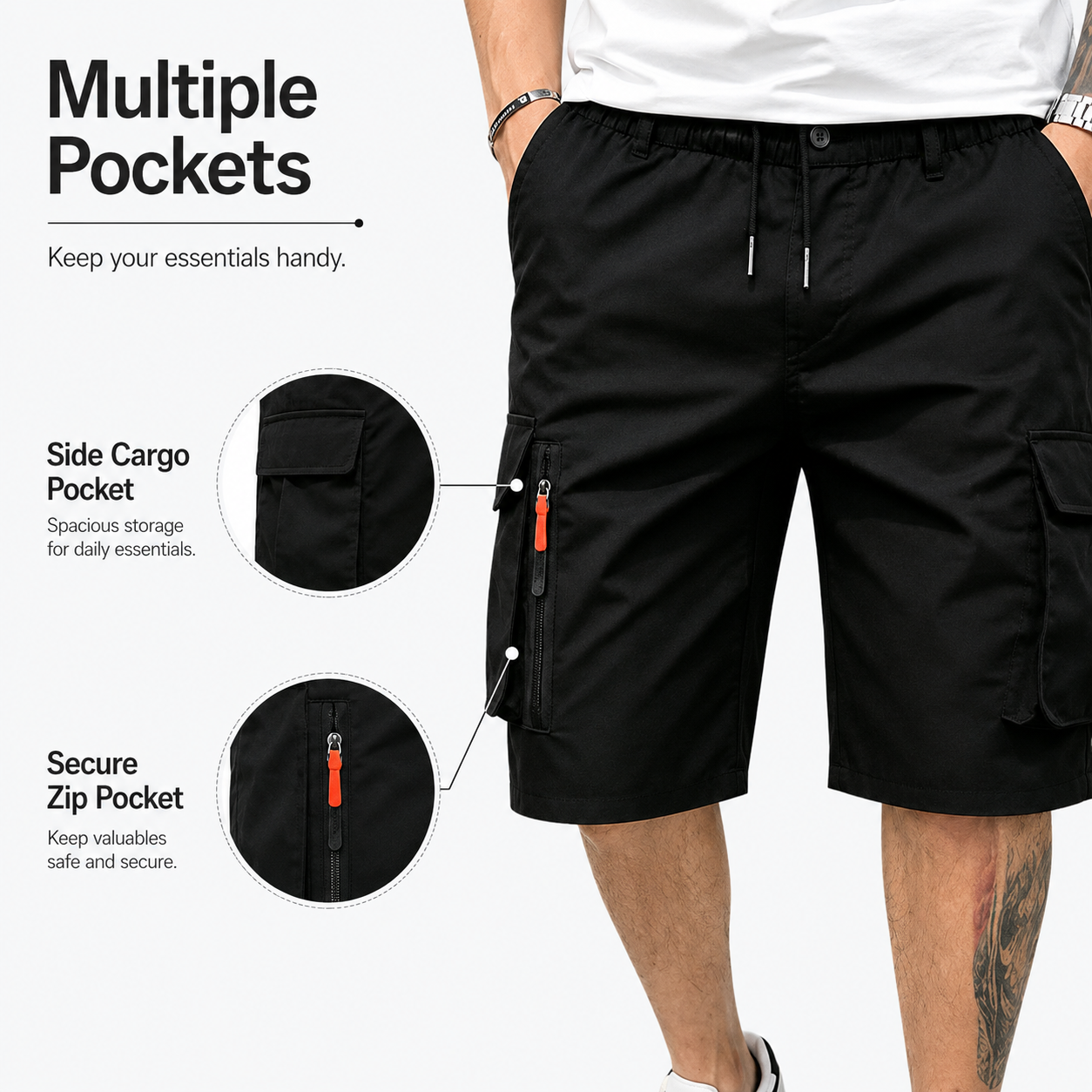 Men's Athleisure Cargo Shorts (8-Pack) — Multi-pocket design, elastic drawstring waistband, decorative faux fly; suitable for outdoor hiking, daily running, and commuting.