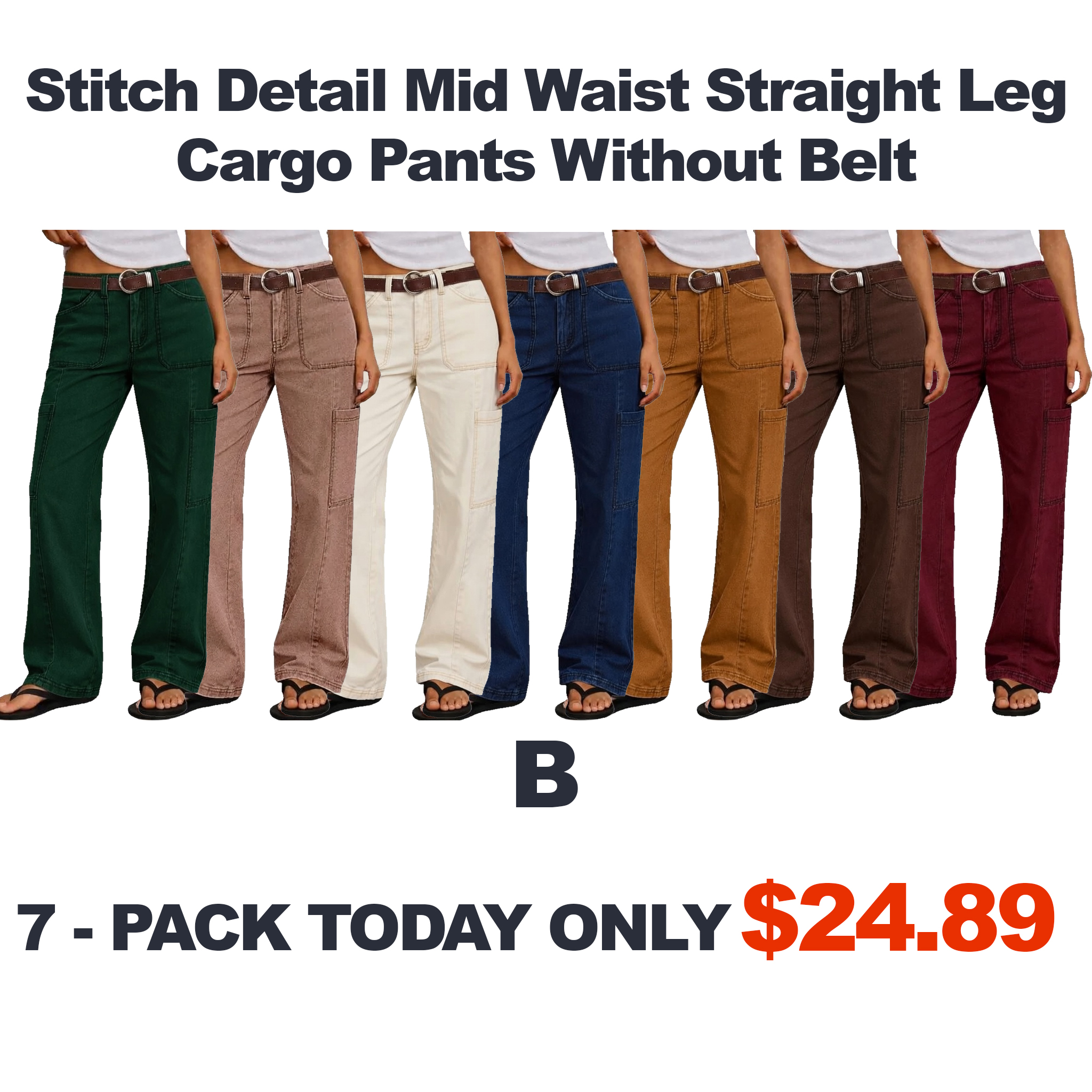 Stitch Detail Mid Waist Straight Leg Cargo Pants Without Belt