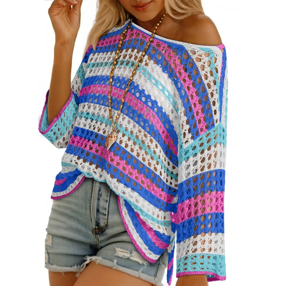 Royal blue pink striped hollow-out crochet top