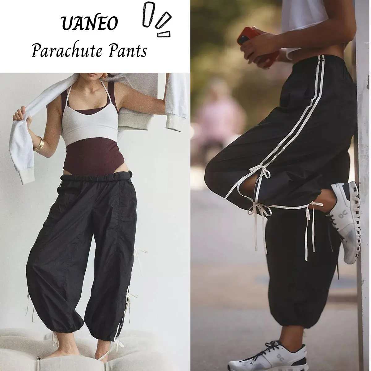 UANEO Women's Parachute Style Elastic High Waist Full Twist Hiking Cargo Pants with Adjustable Cuffs Womenswear Casual Bottom