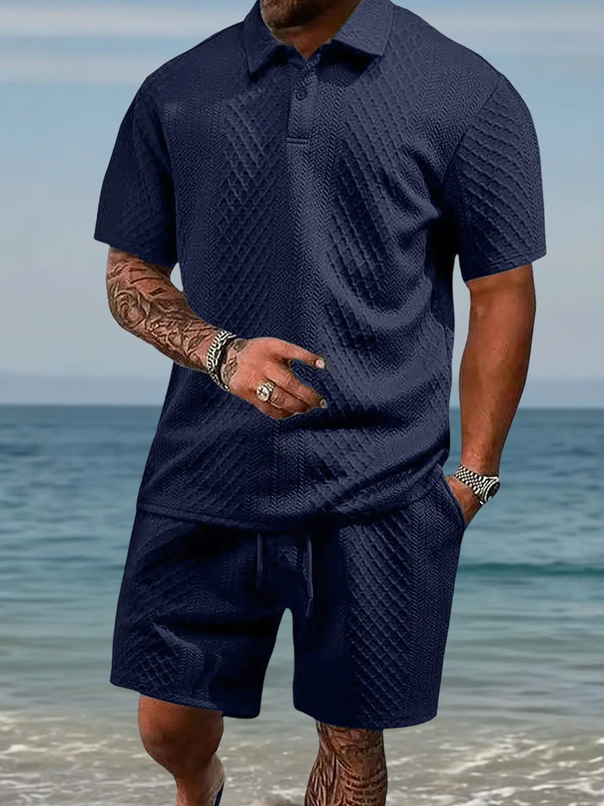 Men's summer casual texture fabric solid color polo shirt T-shirt shorts 2-piece set, loose fit suitable for casual sports, breathable and cool, essential summer outfit, comfortable and versatile  Menswear Plain
