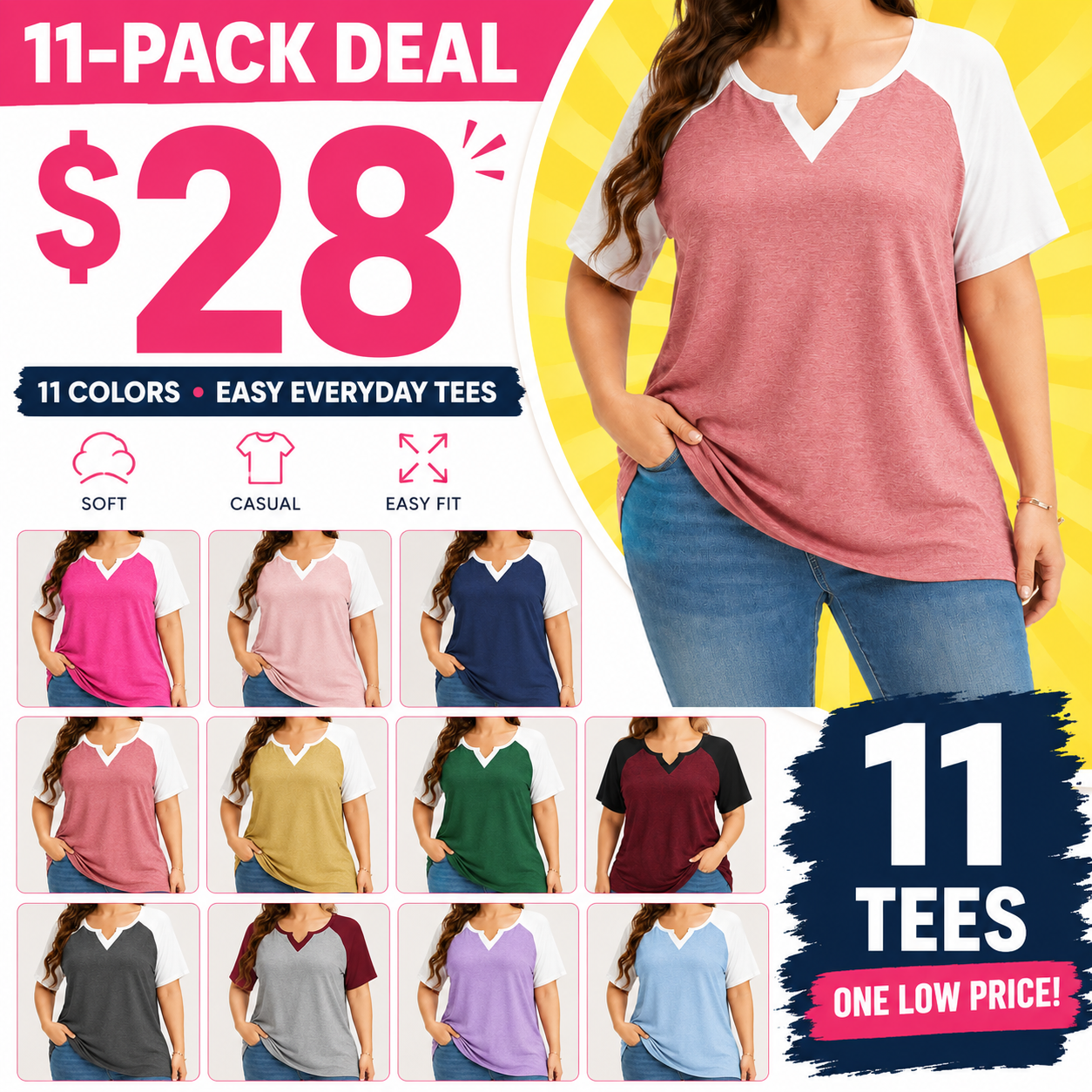 Plus Size Colorblock Notched Raglan Tee Bundle | 11-Pack & 6-Pack