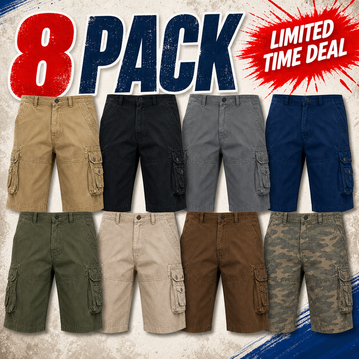 Mixed 8-Pack bundle promo for men's washed twill cargo capri pants