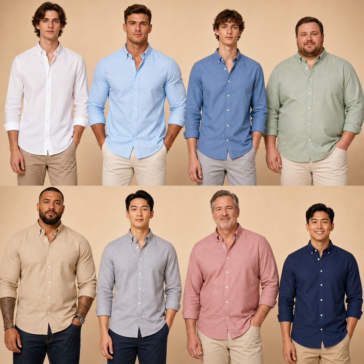 8-model group photo showing fit across different body types