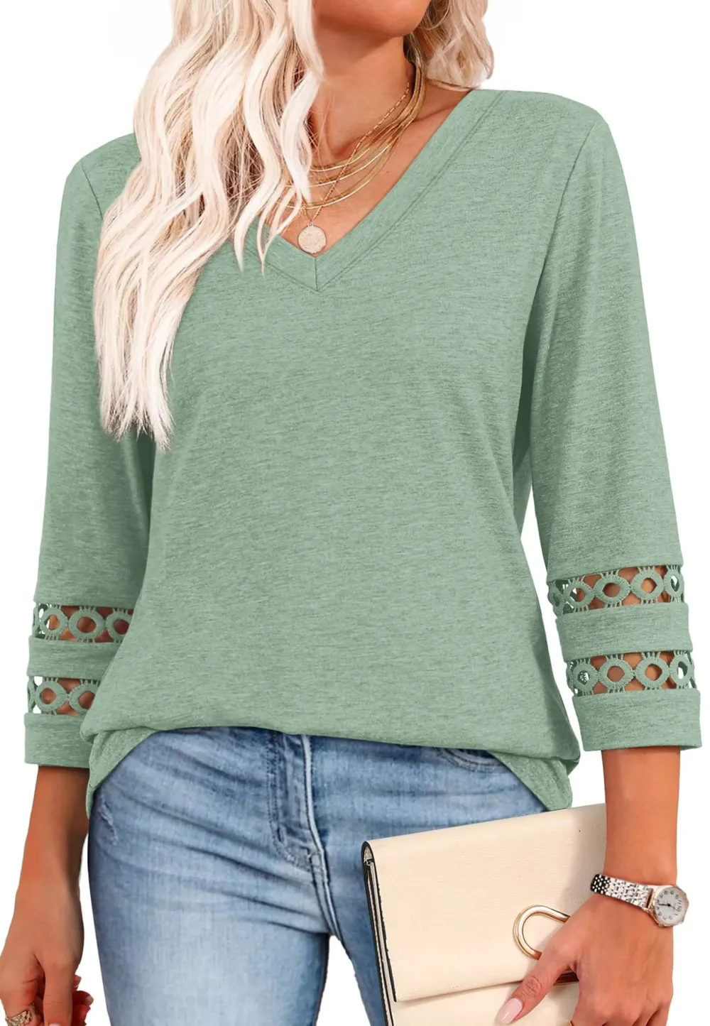 2026 Women's Trendy V-Neck T-Shirt with 3/4 Sleeves - Stylish & Comfortable Top