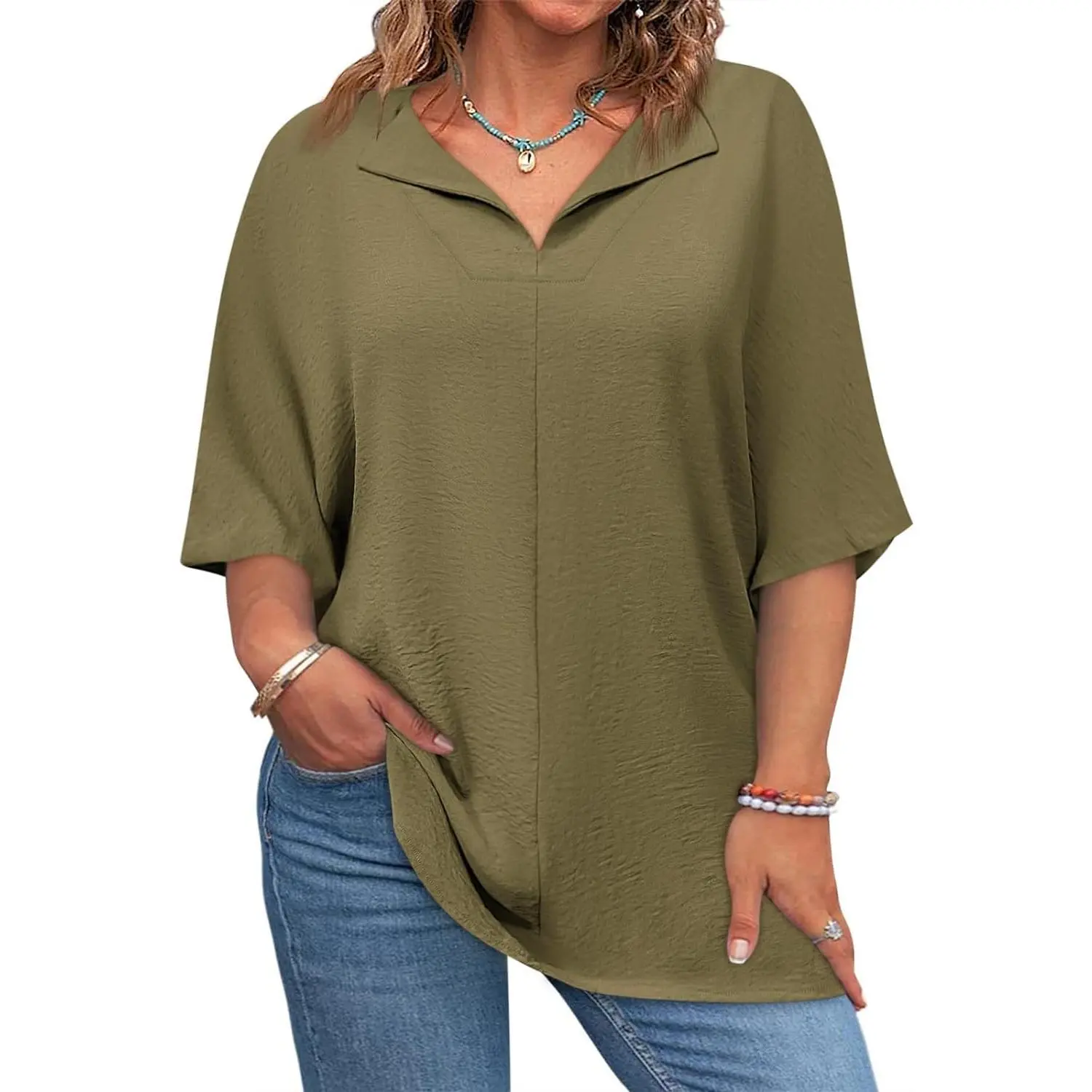 Olive green women’s casual V-neck loose-fit blouse