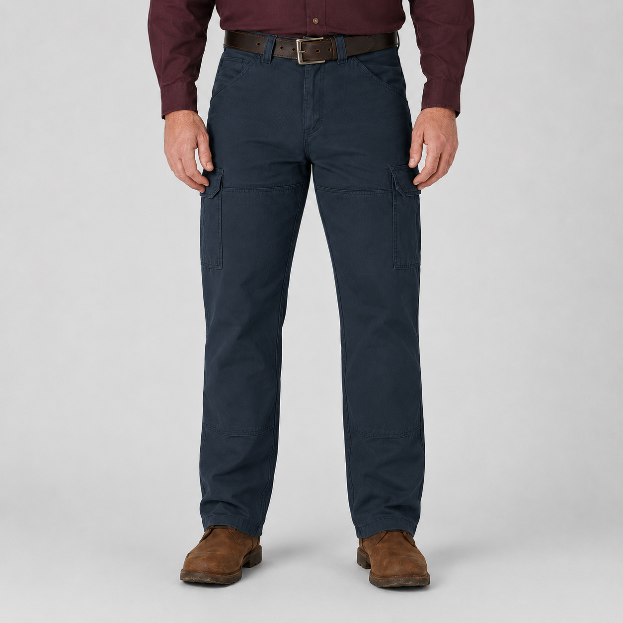 Navy blue relaxed-fit cargo utility pants front view
