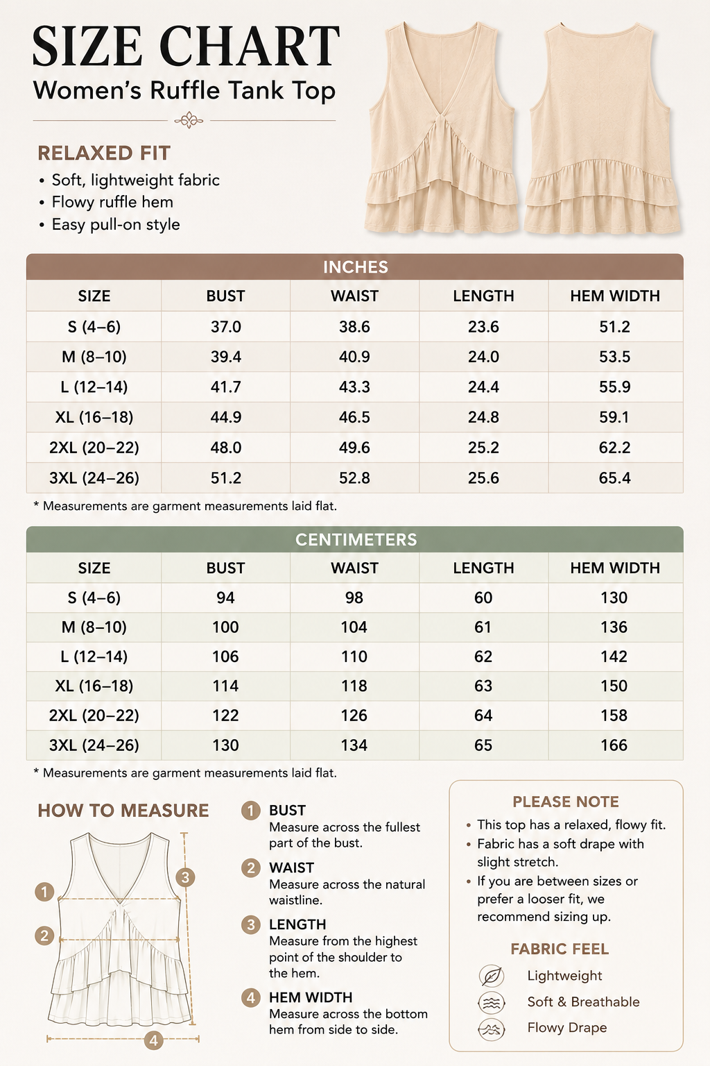 Size chart for sleeveless V-neck layered ruffle top