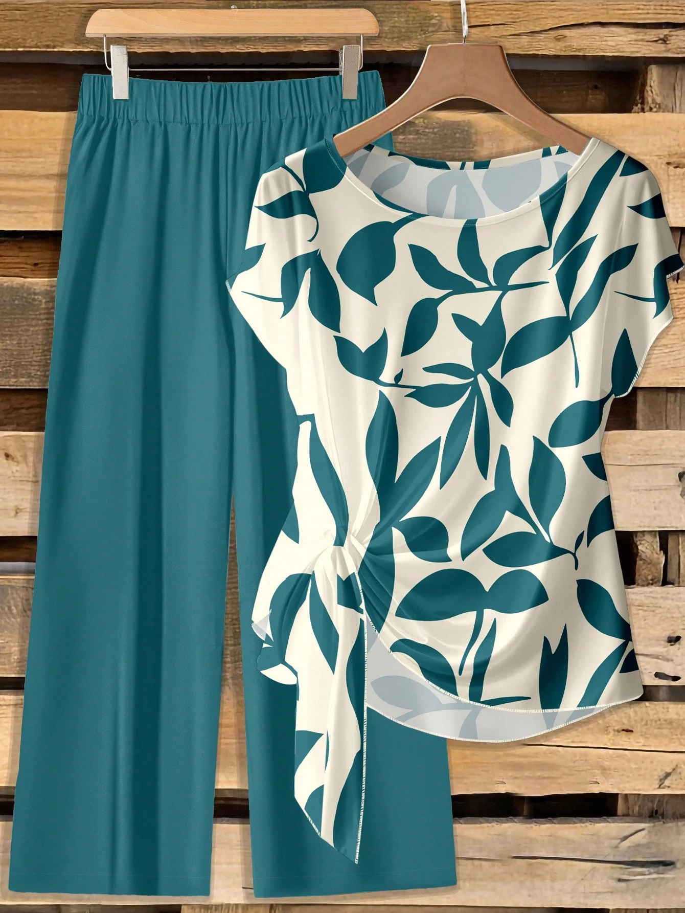 Women s Casual Printed Necktie Shirt & Loose Straight Pant Set