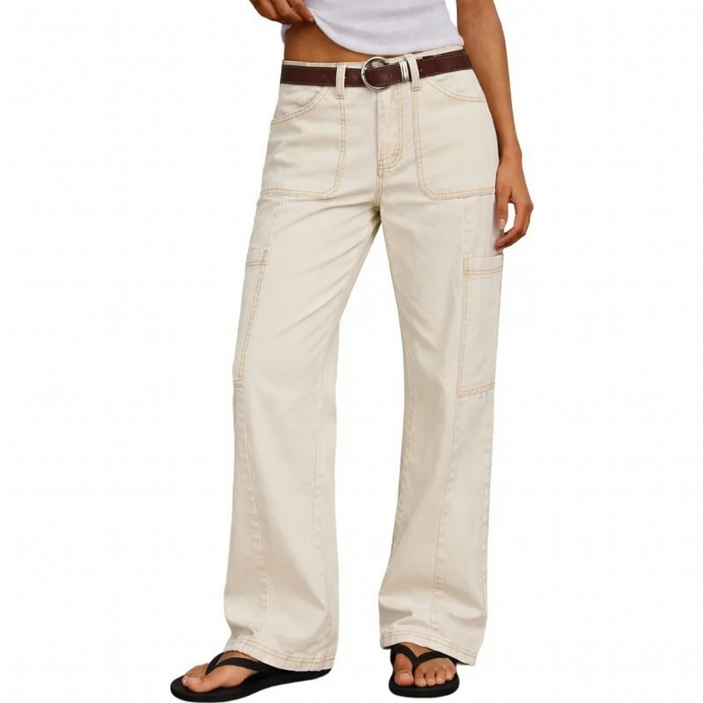 Stitch Detail Mid Waist Straight Leg Cargo Pants Without Belt