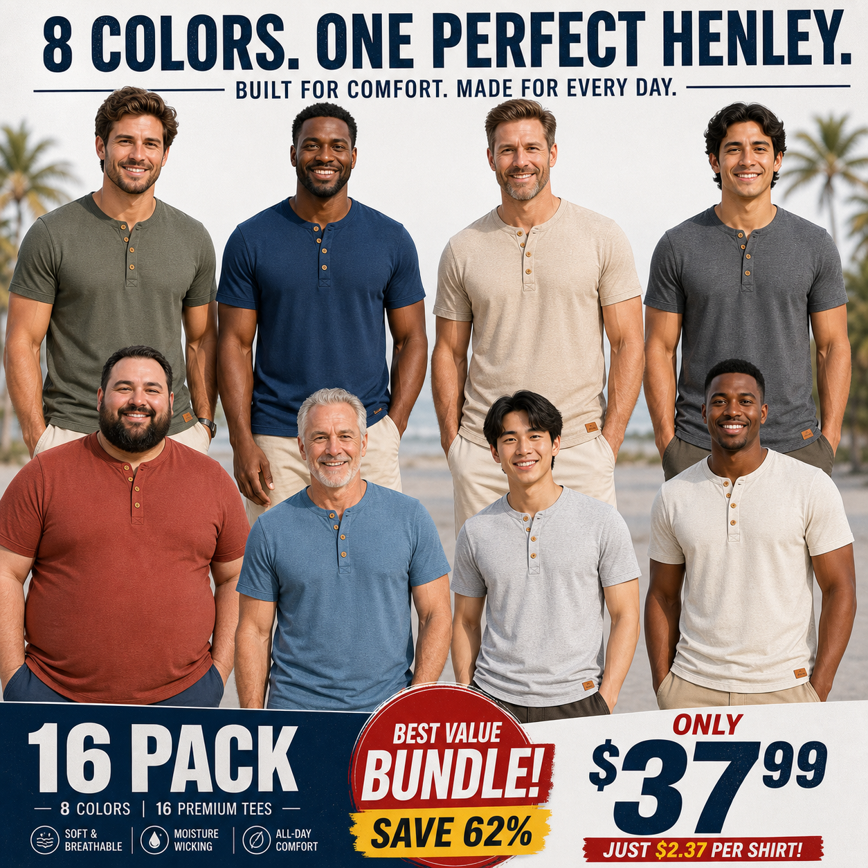 8 men wearing the textured henley knit tee in different colors