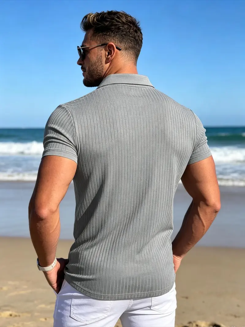 Heather Ash Grey ribbed knit open collar polo back view