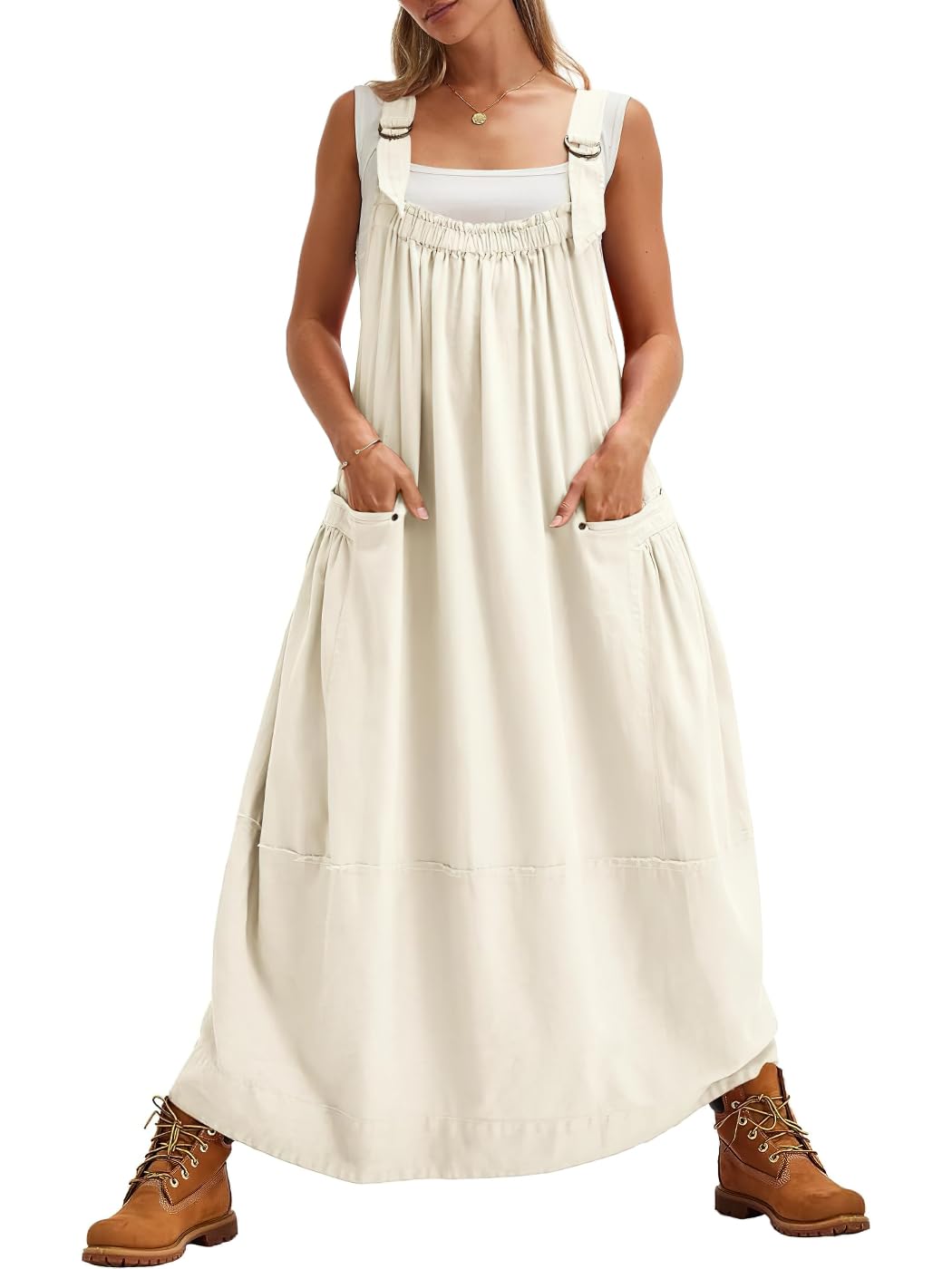 Sleeveless Strappy Maxi Dress with Big Pockets & Adjustable Straps