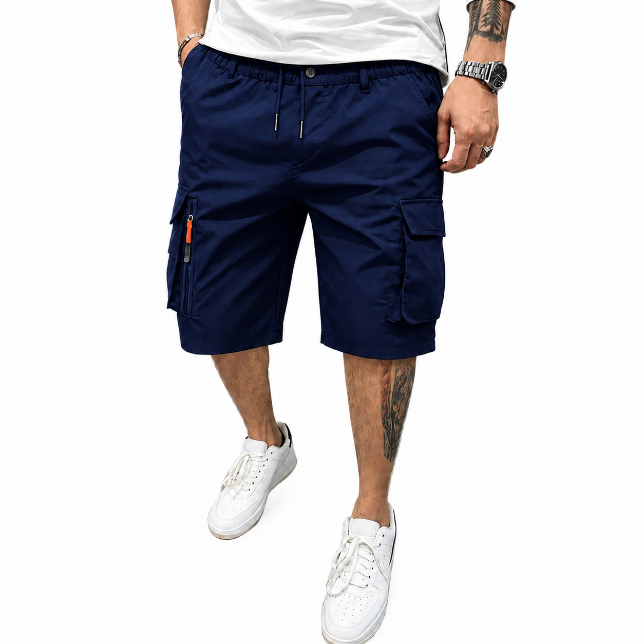 Men's Athleisure Cargo Shorts (8-Pack) — Multi-pocket design, elastic drawstring waistband, decorative faux fly; suitable for outdoor hiking, daily running, and commuting.