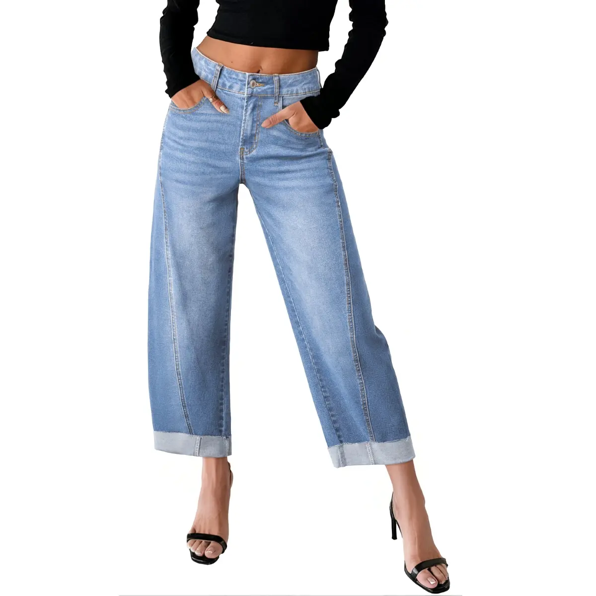Women's High Waisted Wide Leg Cropped Denim Jeans