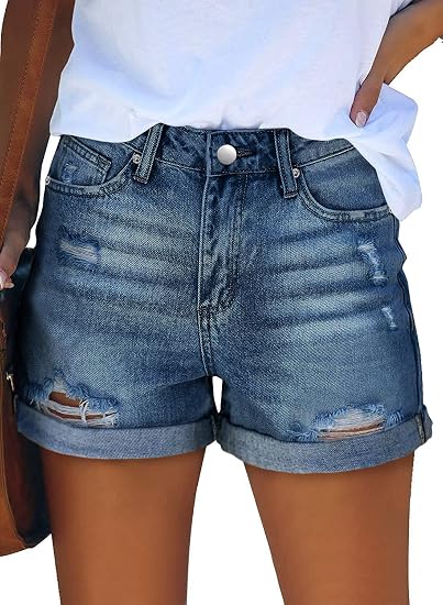 Women's Mid-Rise Stretch Distressed Denim Shorts (Cuffed Hem)