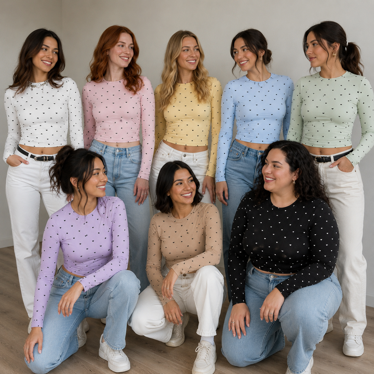 Eight adult models group photo in all heart print cropped top colors