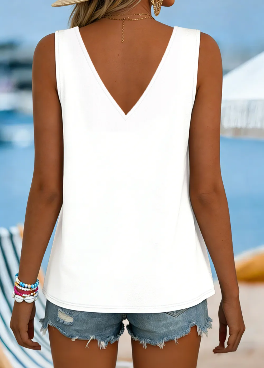 Dusty Blue Tummy Coverage Striped Strappy Tank Top