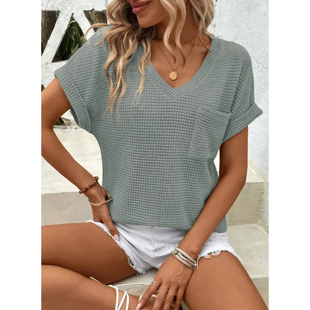 Women's Waffle Knit V-Neck Casual Summer Tops - Lightweight & Breathable Basic Tee for Beach, Party, Work