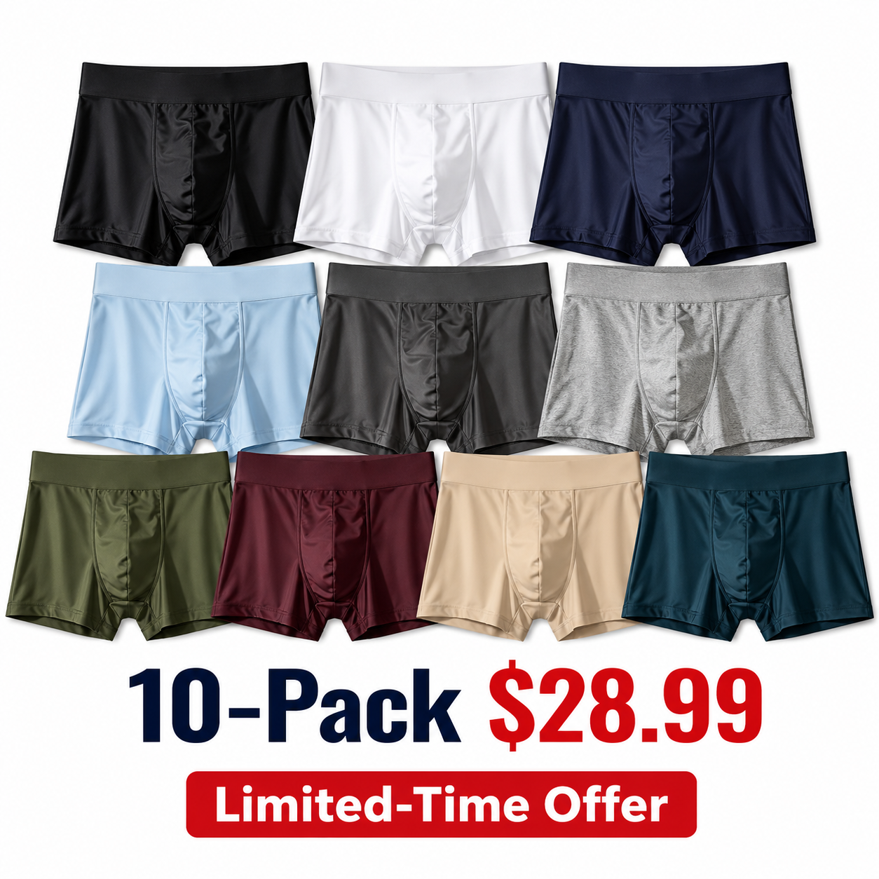 🔥Men's Ice Silk Fabric Underwear Set, 10 Pcs Solid Color Boxer Shorts, Breathable Comfortable Fit Boxers, Ideal for Summer Wear🎉