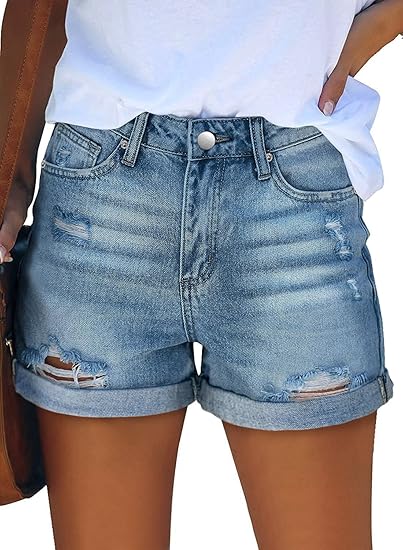 Women's Mid-Rise Stretch Distressed Denim Shorts (Cuffed Hem)