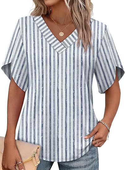 Women's summer short-sleeve T-shirt, petal print, V-neck.