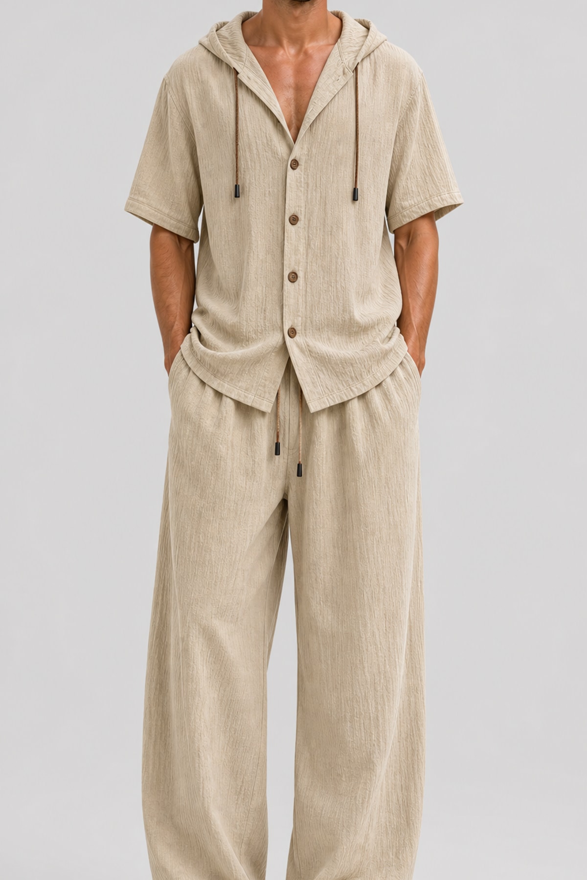 Mens Summer Hooded Sweatshirt Wide Leg Pants Set Mens Simple Casual Hooded Short Sleeve Shirt Button Loose Wide Leg Pants Holiday Relaxed Short Sleeve Two-piece Set model
