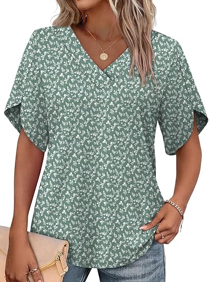 Women's summer short-sleeve T-shirt, petal print, V-neck.