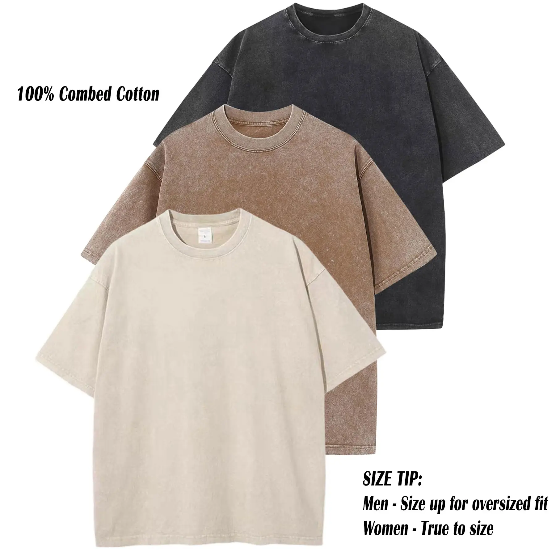 ARSSM 3 Pack Acid Wash Unisex Oversized Cotton T-Shirt Crew Neck Half Short Sleeve Summer Top Casual Loose Fit Solid Streetwear Comfortable Tees Basic Womenswear Shortsleeve Tshirt
