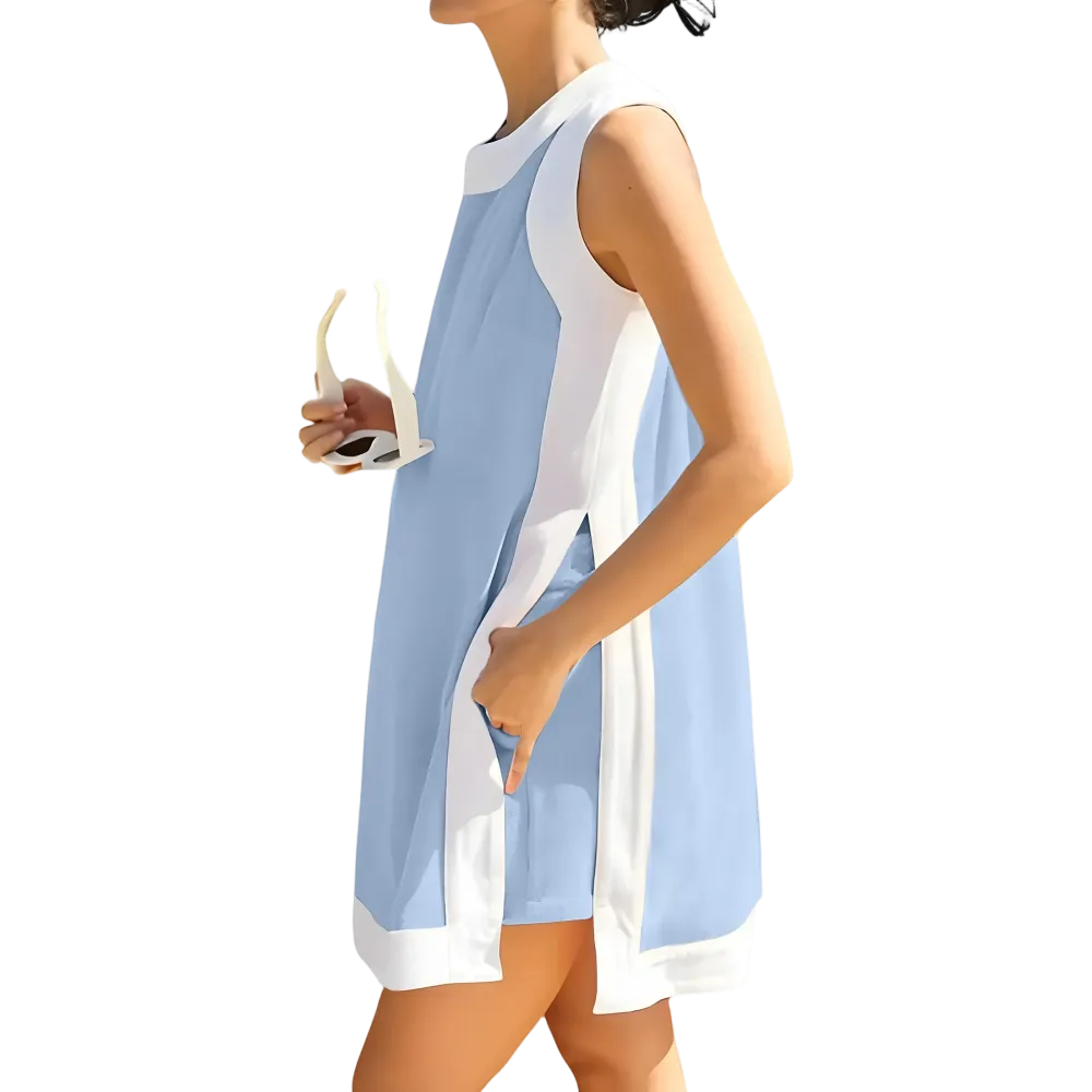 Women's color-blocked crew neck sleeveless pullover with shorts with pockets