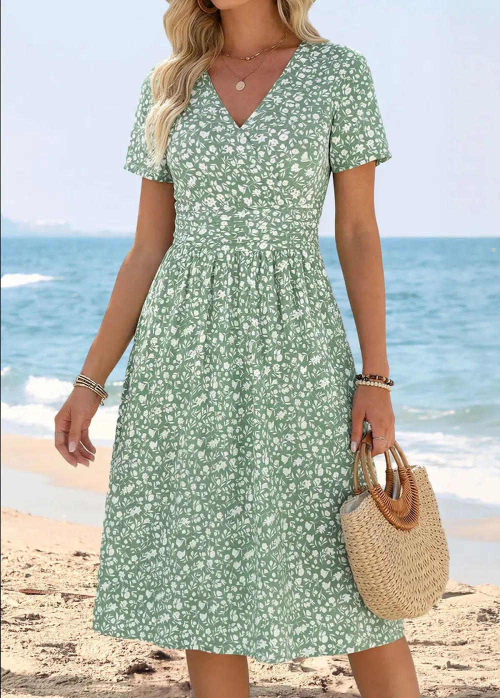 Multi Color Tummy Coverage Floral Print Short Sleeve Dress