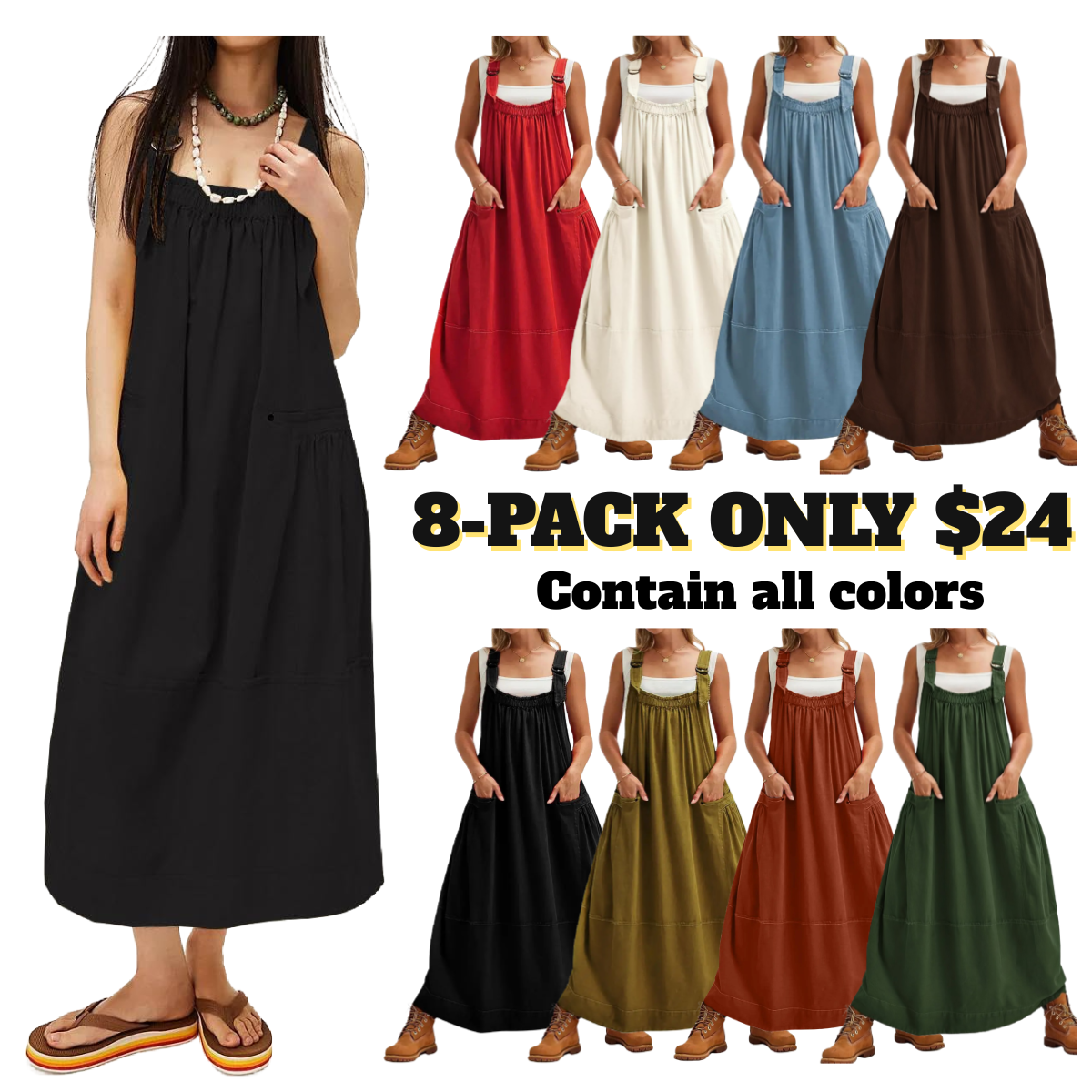 Sleeveless Strappy Maxi Dress with Big Pockets & Adjustable Straps