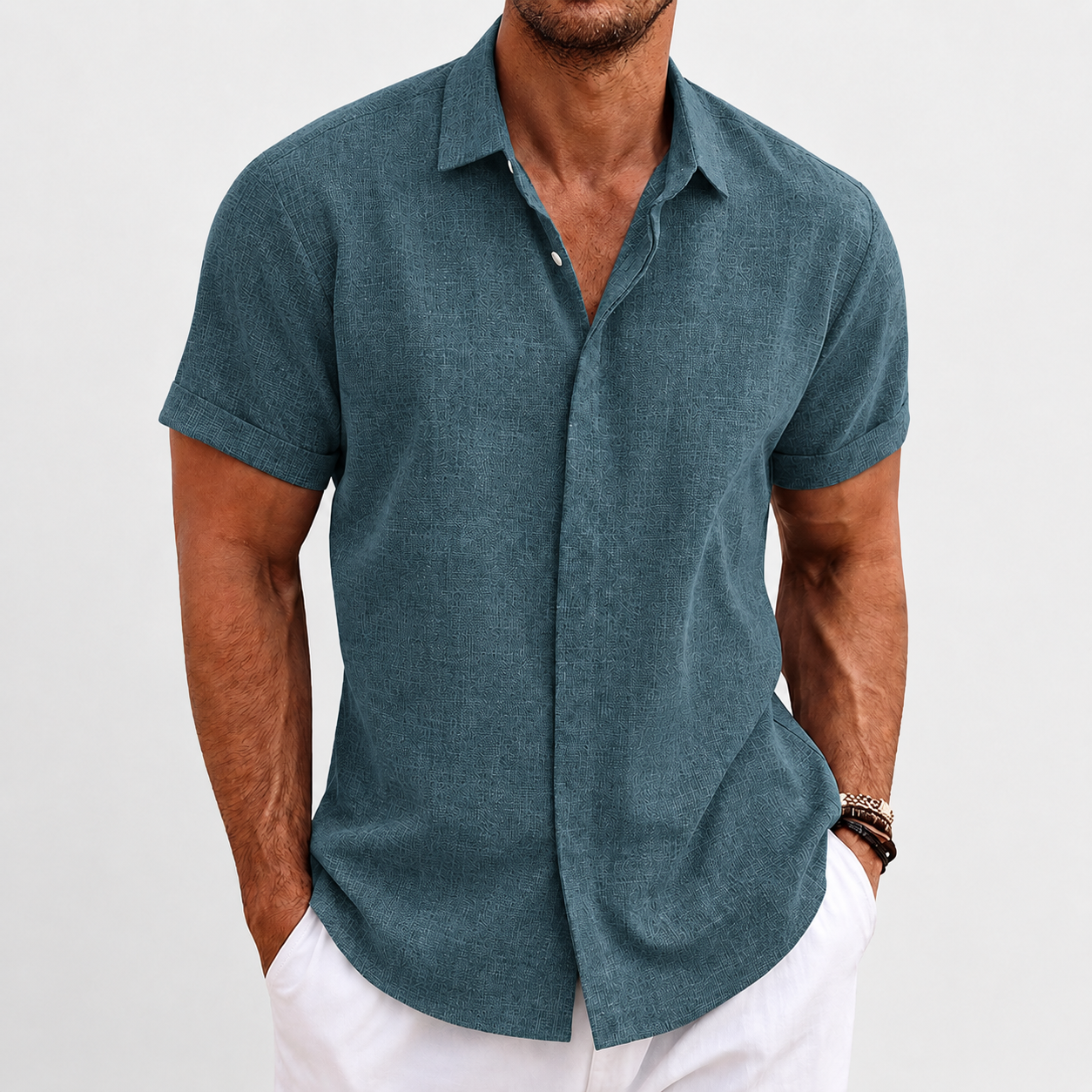 Slate Teal short-sleeve button-up shirt model image