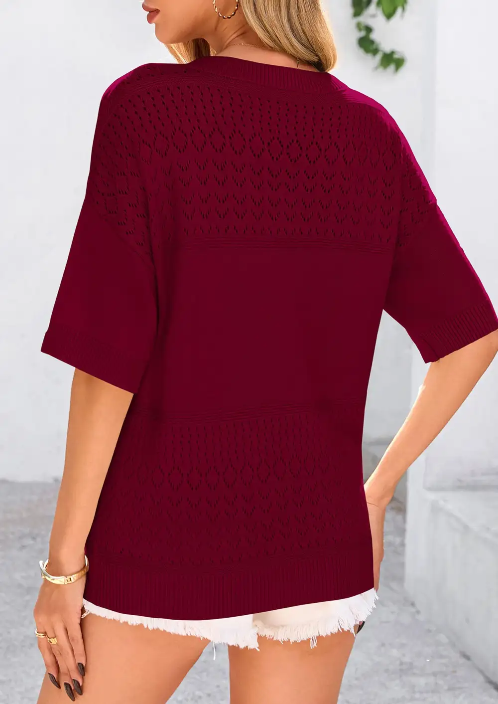 Women's ShortSleeve Sweater Tops SpringSummer Casual V Neck Ribbed KnitTrendy Eyelet Blouse T Shirts